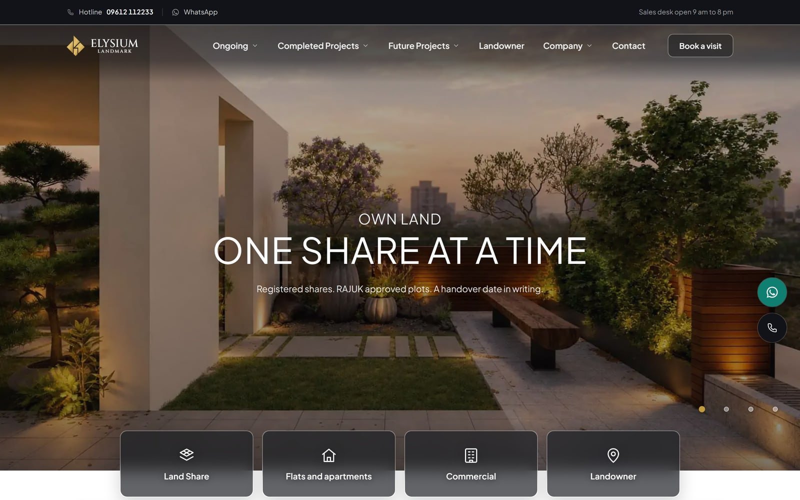 ELYSIUM Landmark. A real estate site plus a staff app run from a phone: leads, meetings, invoices, instalments and revenue.
