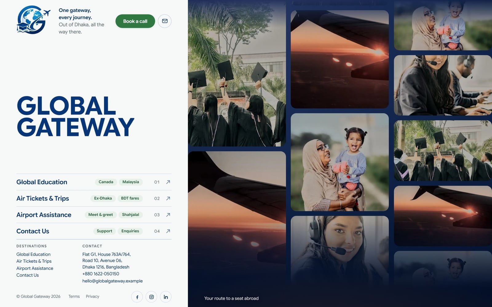 Global Gateway. One landing page routing four services out of Dhaka: study abroad, air tickets, airport assistance and contact.